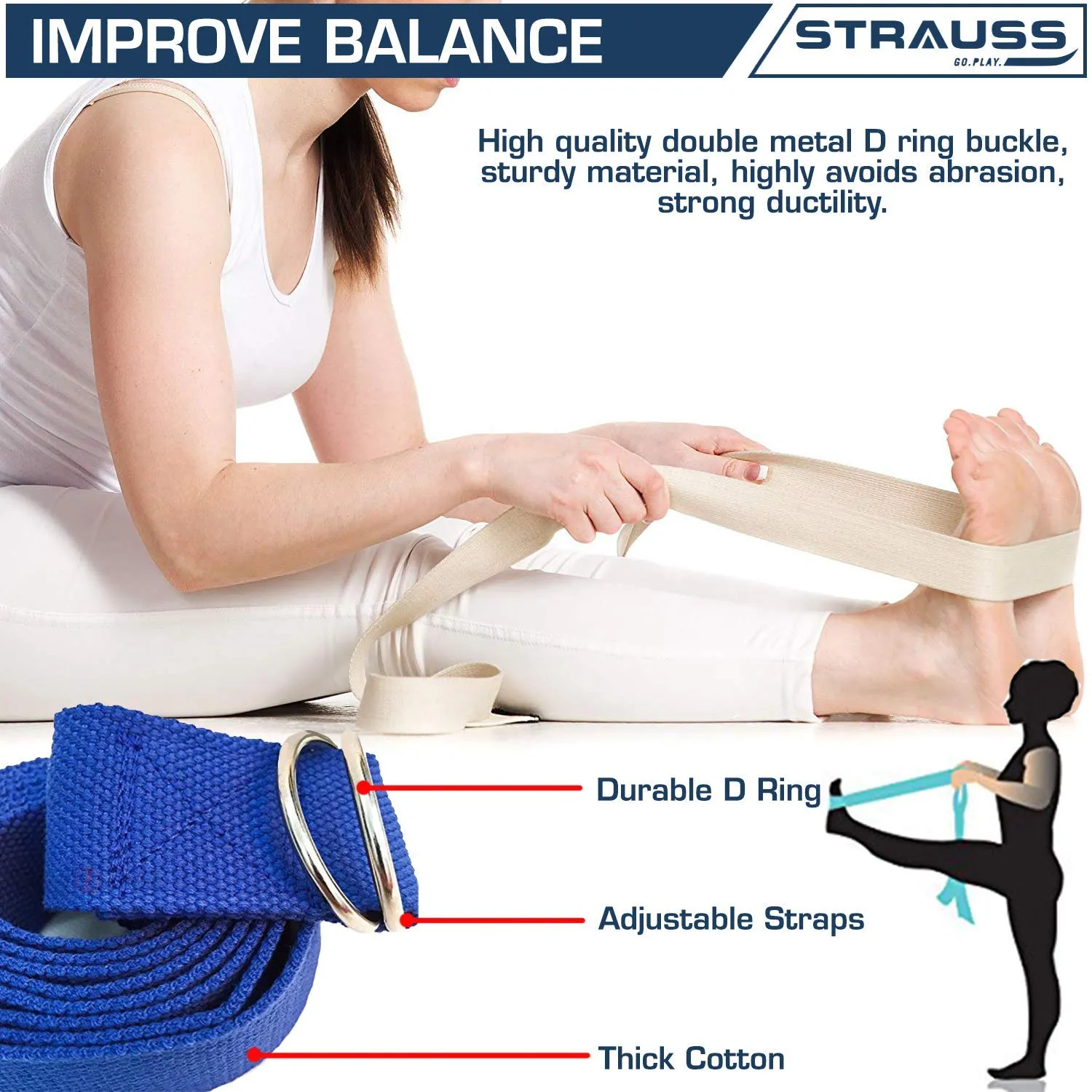 Strauss Yoga Mat 6mm, Blue With Yoga Block Pair and yoga Belt