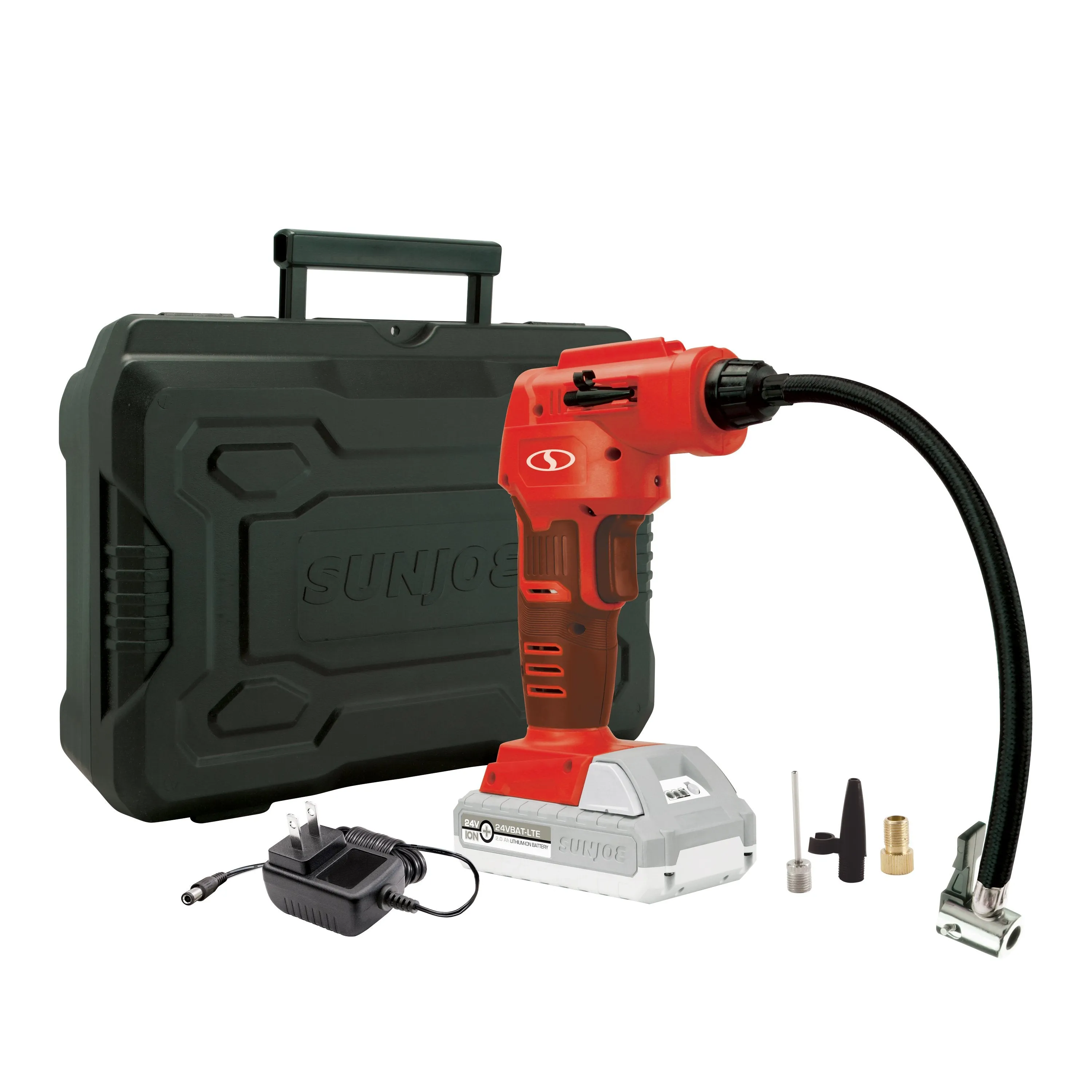 Sun Joe AIRJ24C-RED Portable Digital Cordless Air Compressor with Nozzle Adapters and Case | 24-Volt | 2.0-Ah (Red)