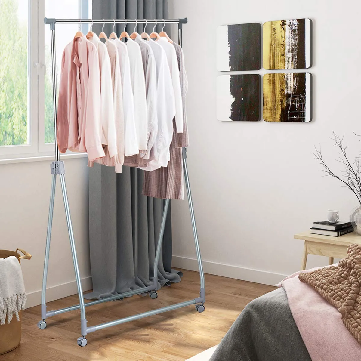 Tangkula Extendable Garment Rack, Heavy Duty Foldable Clothes Rack with Adjustable Hanging Rod