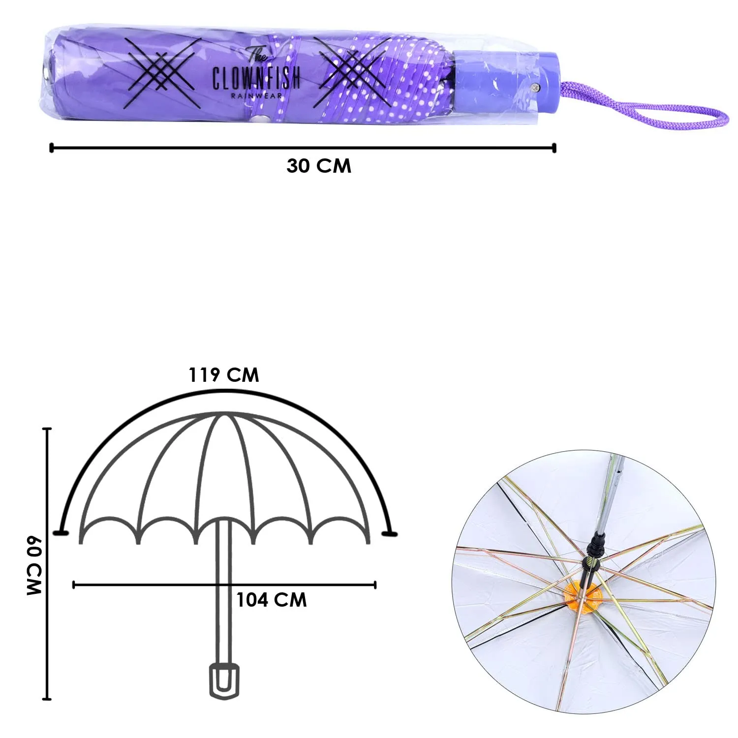 THE CLOWNFISH Umbrella Monochrome Series 3 Fold Auto Open Waterproof Water Repellent 190 T Polyester Double Coated Silver Lined Dotted Border Umbrellas For Men and Women (Purple)