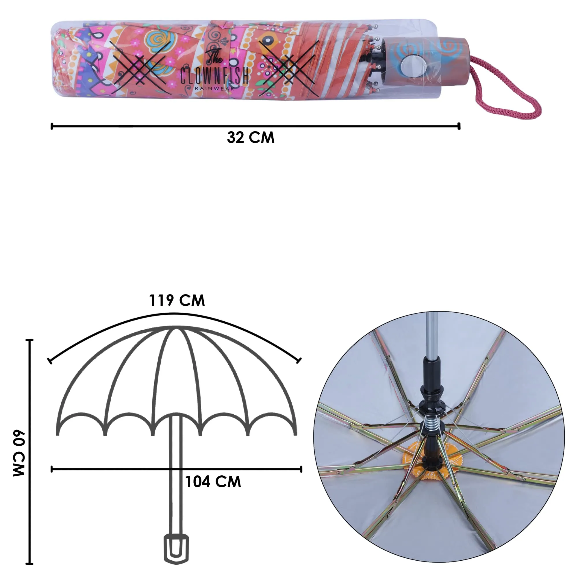 THE CLOWNFISH Umbrella Octagon Series 3 Fold Auto Open Waterproof Water Repellent Nylon Double Coated Silver Lined Umbrellas For Men and Women (Multicolour-Peach Handle)