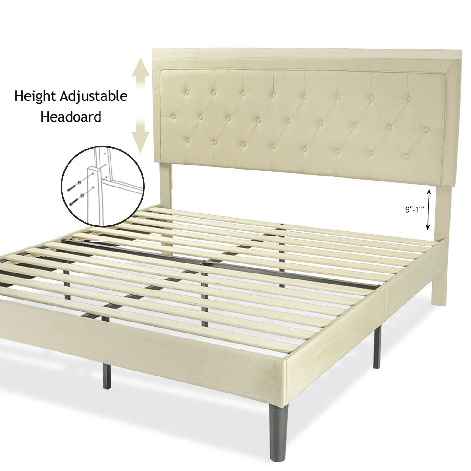 Upholstered Bed Frame with Adjustable Button Tufted Headboard