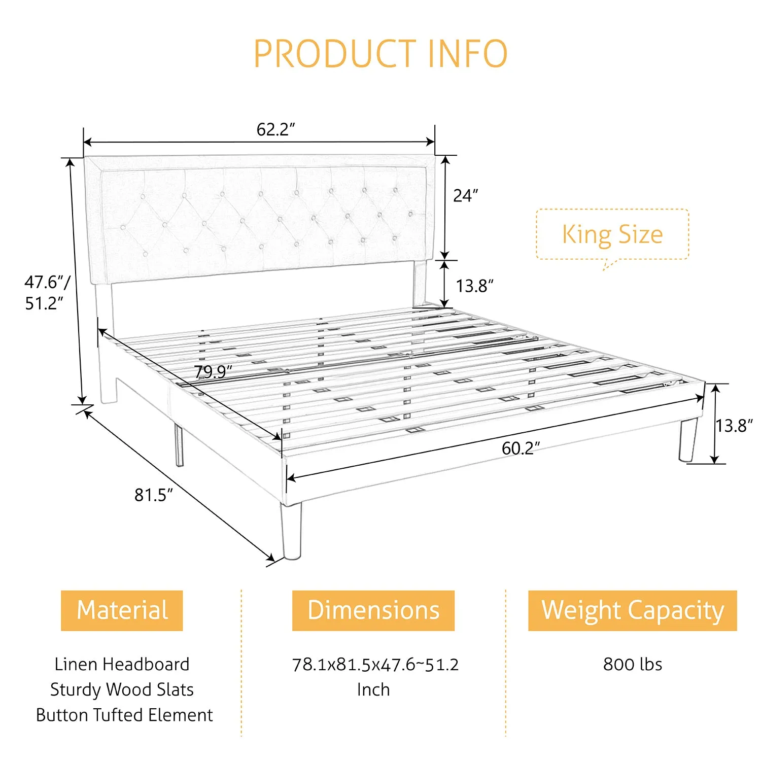 Upholstered Bed Frame with Adjustable Button Tufted Headboard