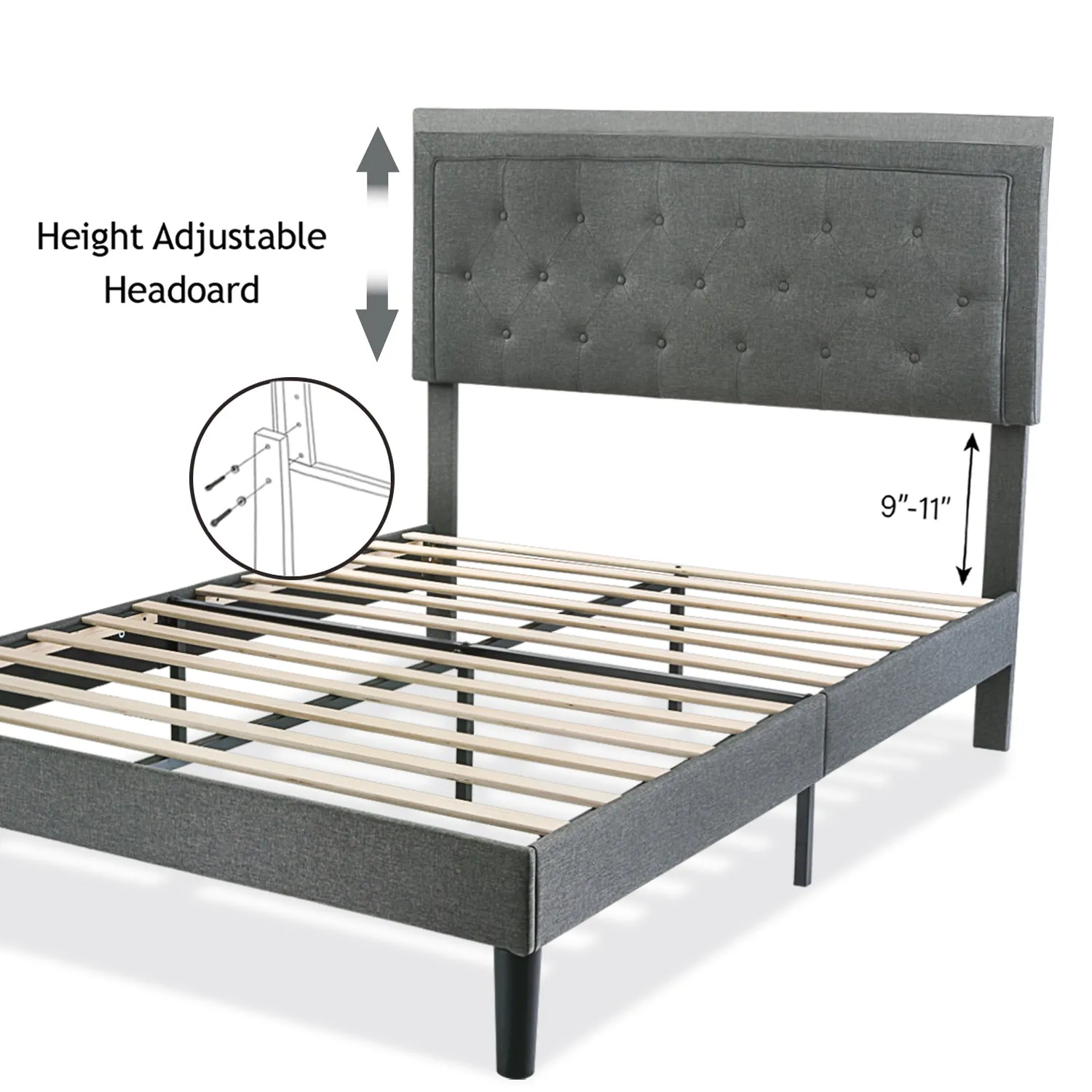 Upholstered Bed Frame with Adjustable Button Tufted Headboard