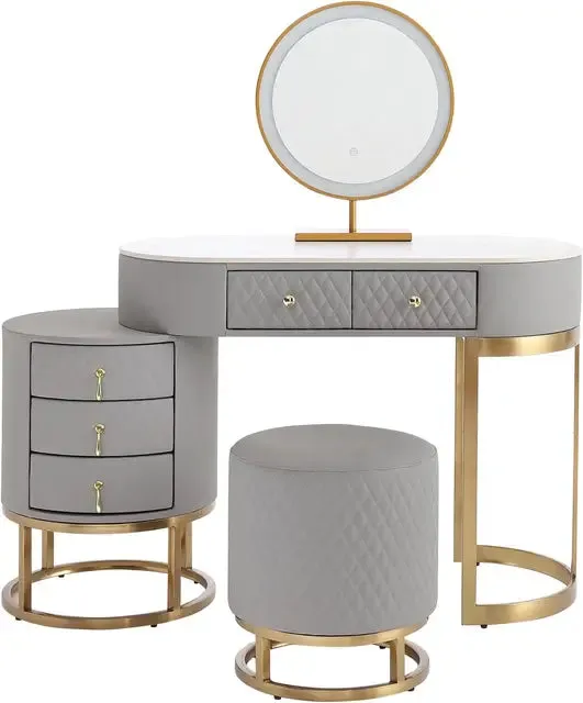 Vanity Desk Set with LED Mirror, 5 Drawers, Faux Leather Stool, and Slate Top