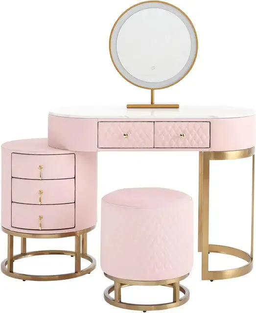 Vanity Desk Set with LED Mirror, 5 Drawers, Faux Leather Stool, and Slate Top