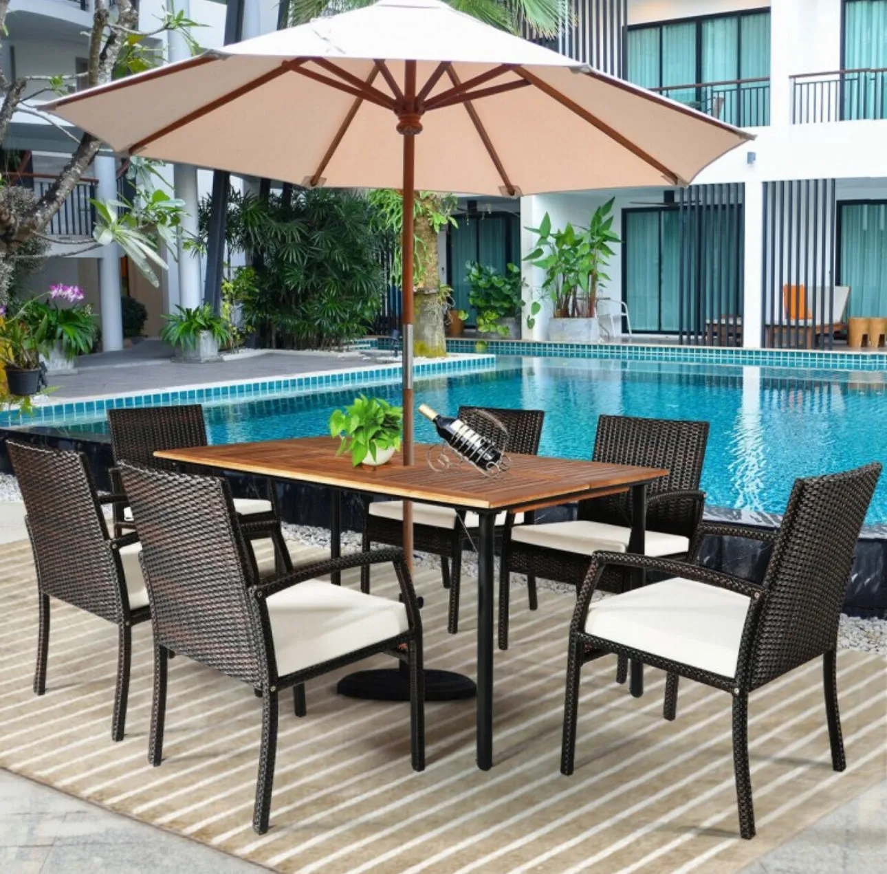 Very Comfortable Wicker / Rattan Patio Furniture 7 Piece Set With Cushions | Dining Set With Umbrella Hole | Heavy Duty