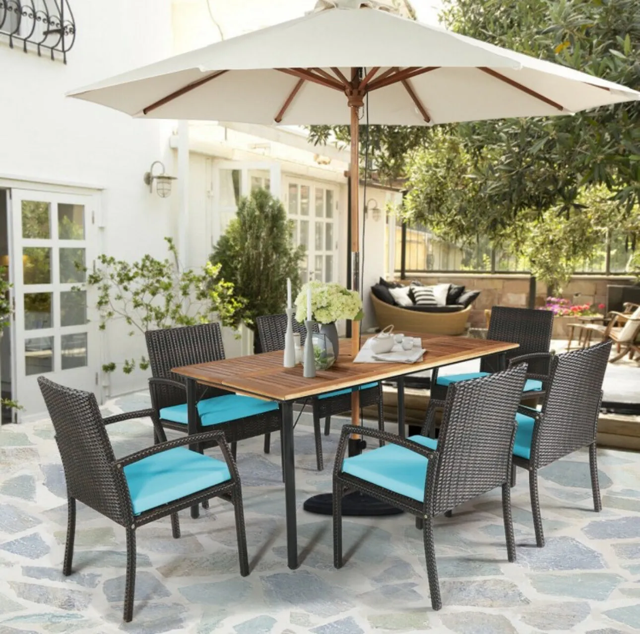 Very Comfortable Wicker / Rattan Patio Furniture 7 Piece Set With Cushions | Dining Set With Umbrella Hole | Heavy Duty