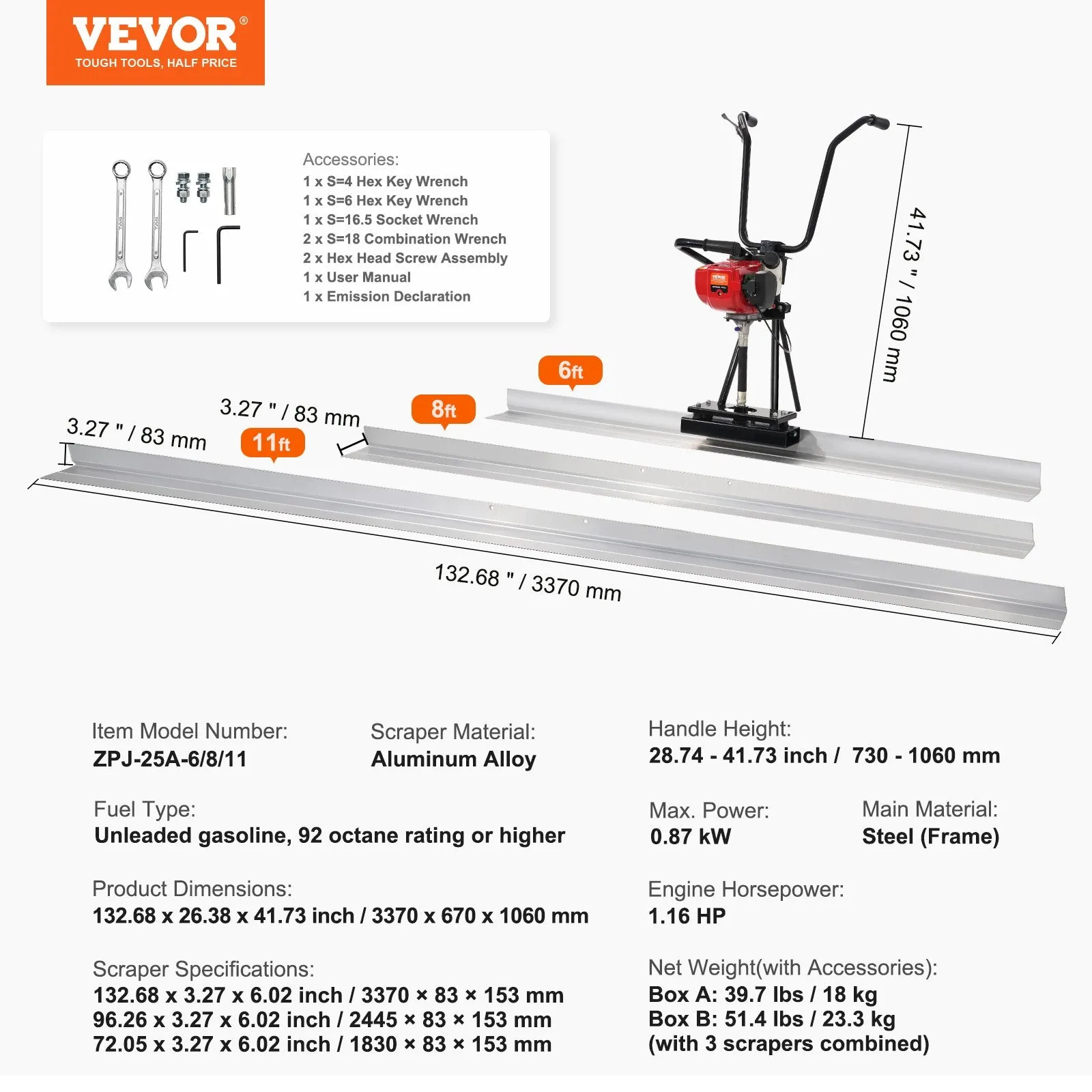 Vevor Gas Concrete Power Screed 6'/8'/11' Aluminum Board Set 4-Stroke Motor 6500 RPM Adjustable Handles New